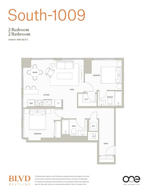 Floorplan South 1009 at BLVD Beltline, Calgary, Alberta
